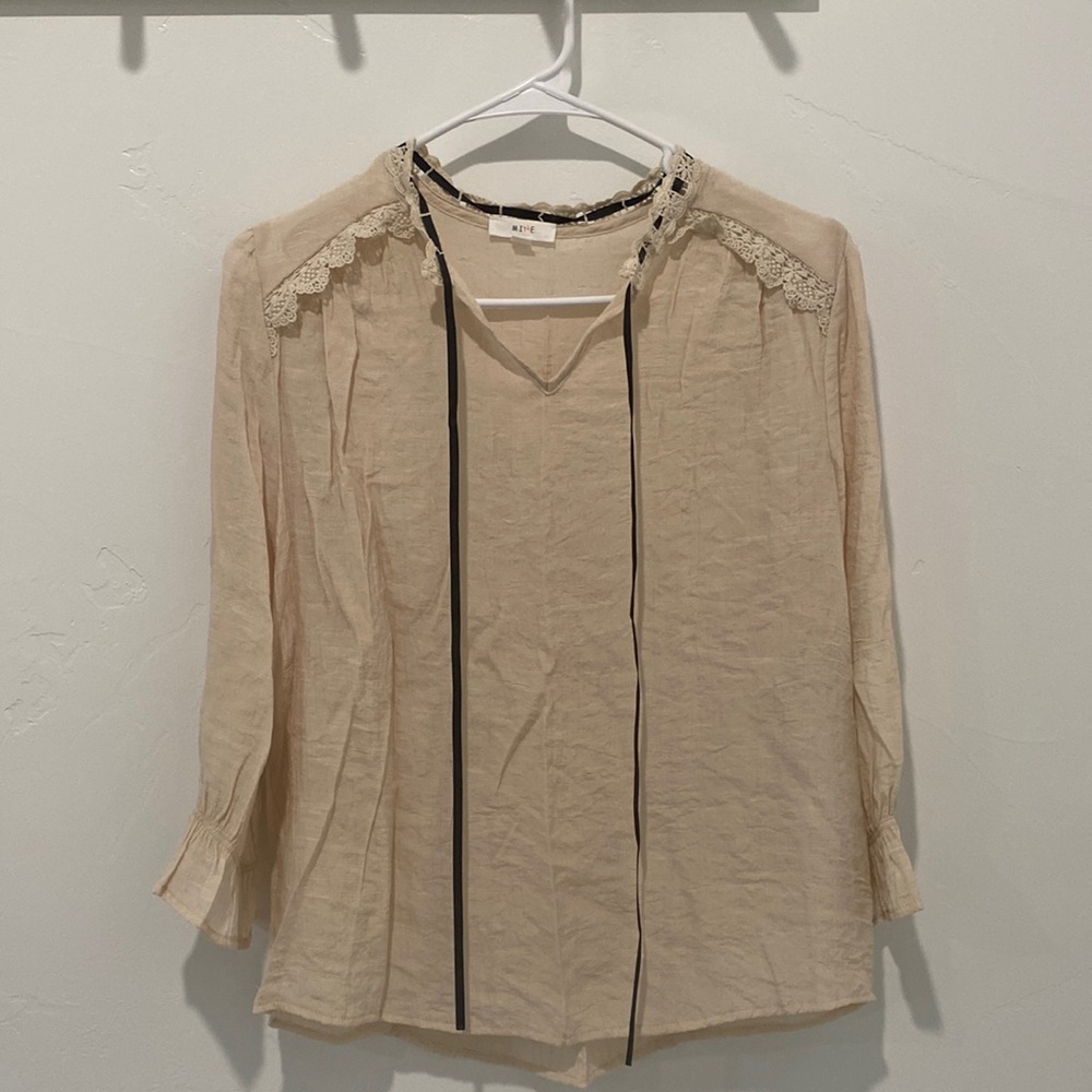 MINE Cream Tie Neck Lace Blouse